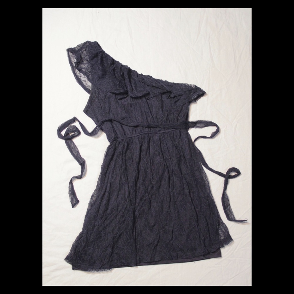 Charming Charlie’s navy lace one shoulder dress